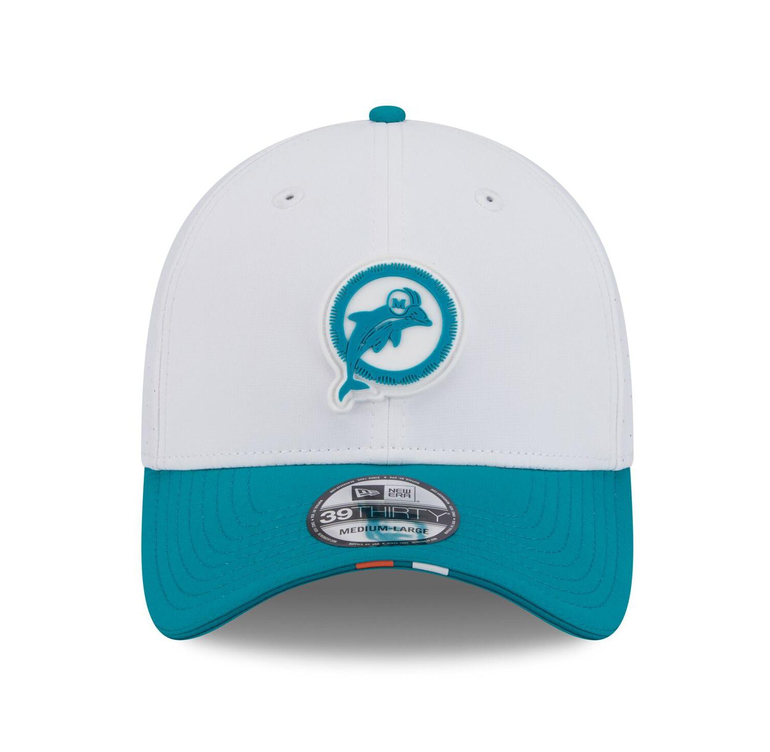 Men's White/Aqua Miami Dolphins 2025 NFL Training Camp Throwback Logo 39THIRTY Flex Hat