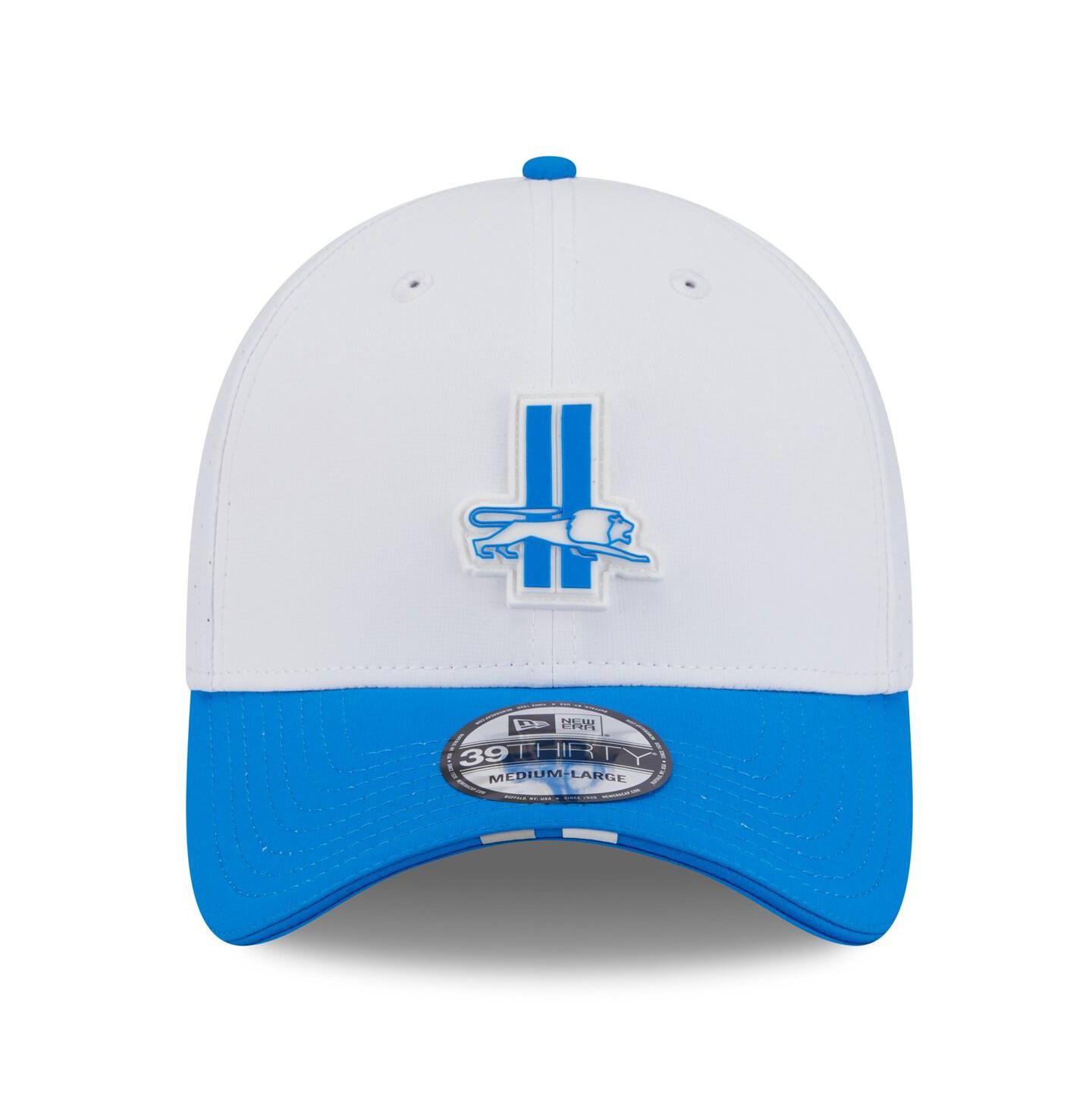 Мужская кепка New Era White/Blue Detroit Lions 2025 NFL Training Camp Throwback Logo 39THIRTY Flex Hat — фото 2