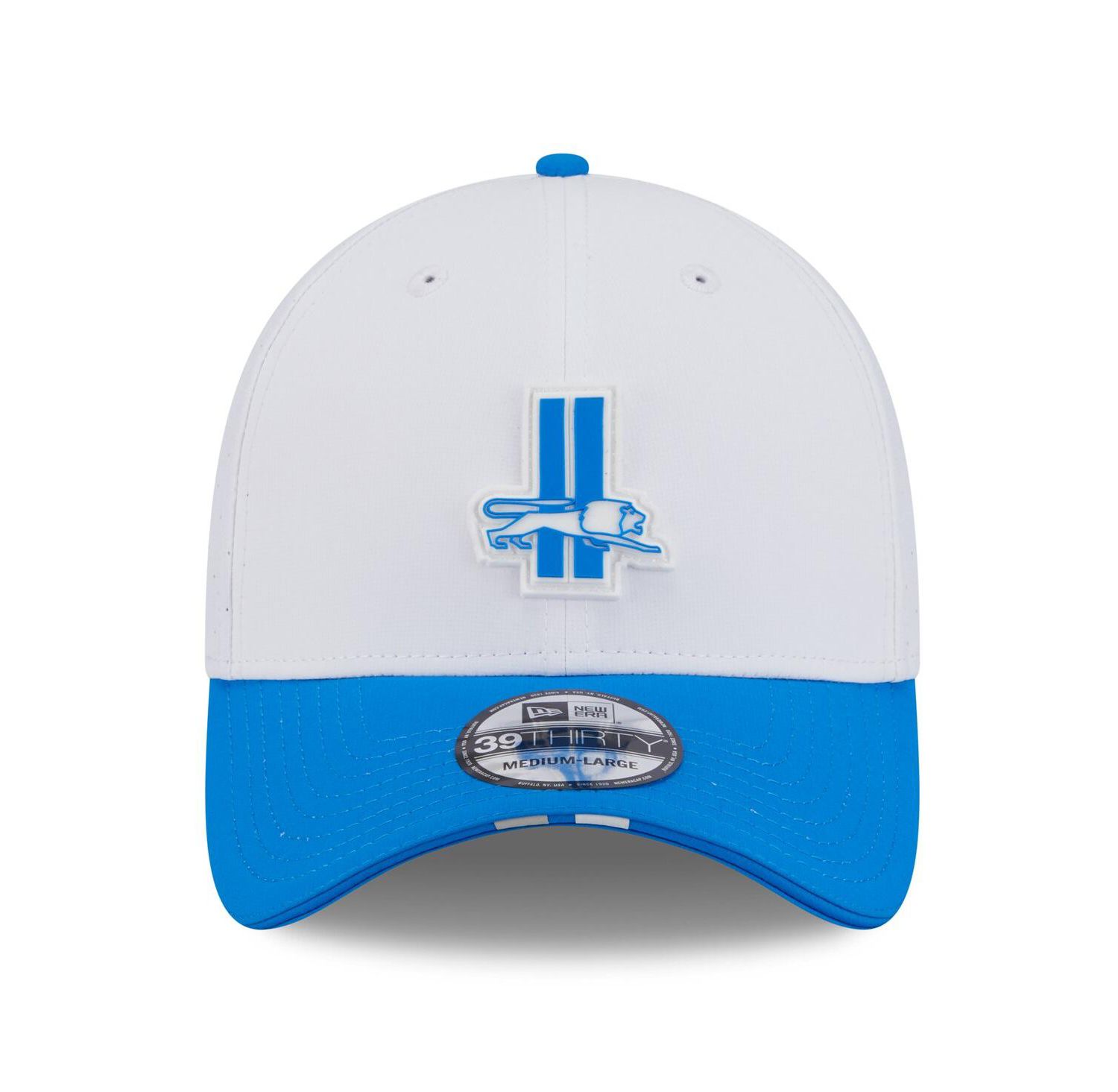 Men's White/Blue Detroit Lions 2025 NFL Training Camp Throwback Logo 39THIRTY Flex Hat