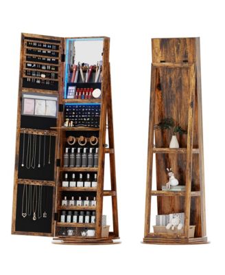 LED jewelry storage cabinet with back storage shelves and 360° rotation.