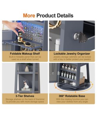 LED jewelry storage cabinet with back storage shelves and 360° rotation.