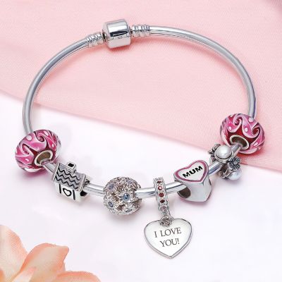 Set of 4 Murano Glass Charm Bead Blue Green Pink Aqua Wave Swirl Spacer Silver Core