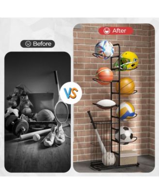 Metal Basketball Holder with 7 Removable Hanging Rods and Side Ball Basket