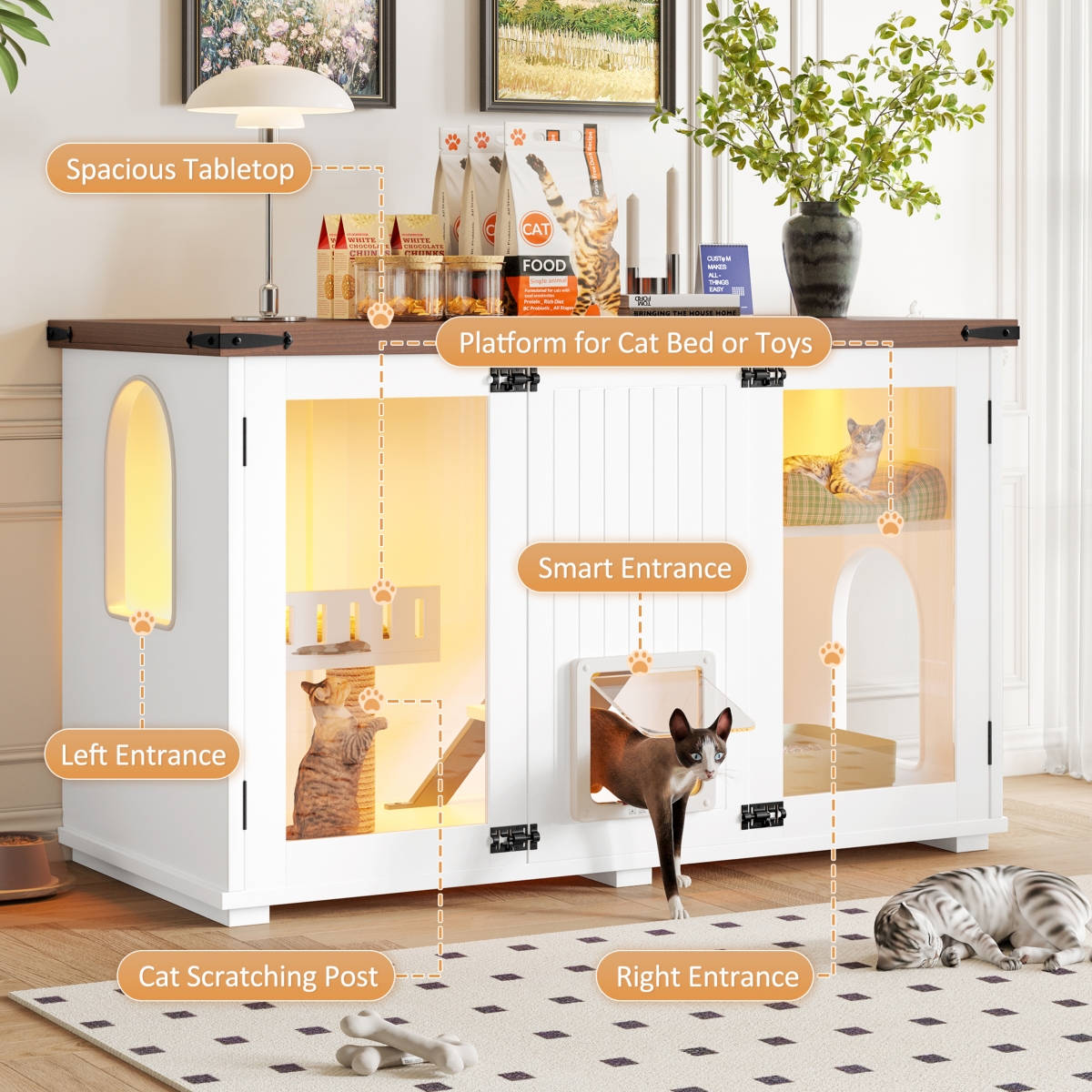 Casainc 47.25" Large Cat Litter Box Enclosure with Led Light, Hidden Litter Box Furniture, Cat House with Stairs and Cat Scratching Post