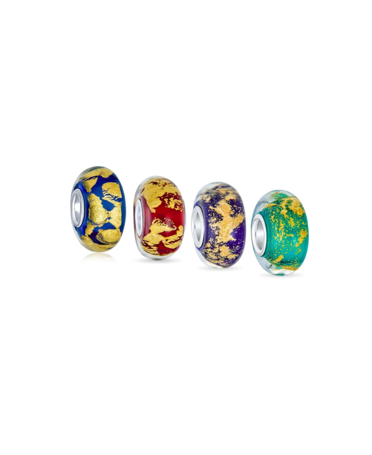 Set of 4 Murano Glass Charm Bead Blue Red Purple Green Gold Foil for European Bracelet - Multicolor set