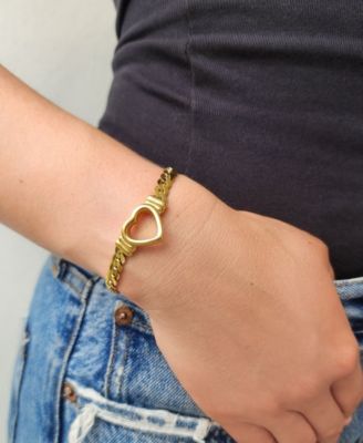 Tarnish Resistant Gold Flat Curb Chain Heart Bracelet