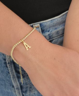 Gold Crystal Initial Charm Tennis Bracelet