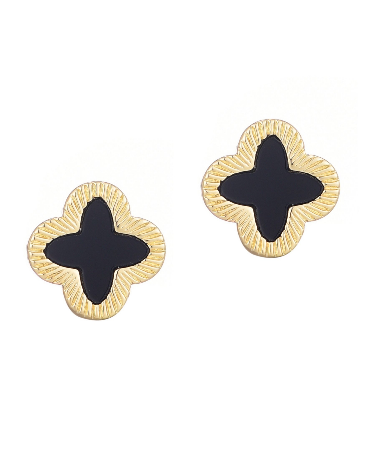 Gold Fluted Edge Black Clover Stud Earrings - Black