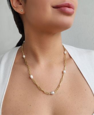 Freshwater Cultivated Pearl Station Paper Clip Chain Necklace