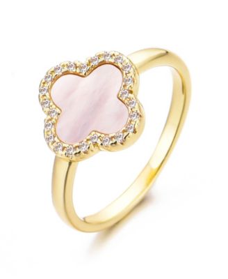 Gold Mother of Pearl Cubic Zirconia Halo Clover Ring