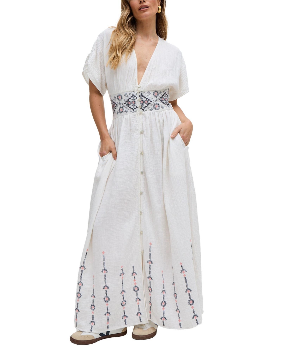 Raffya Women's Sally Ann Button Down Embroidery Maxi Dress