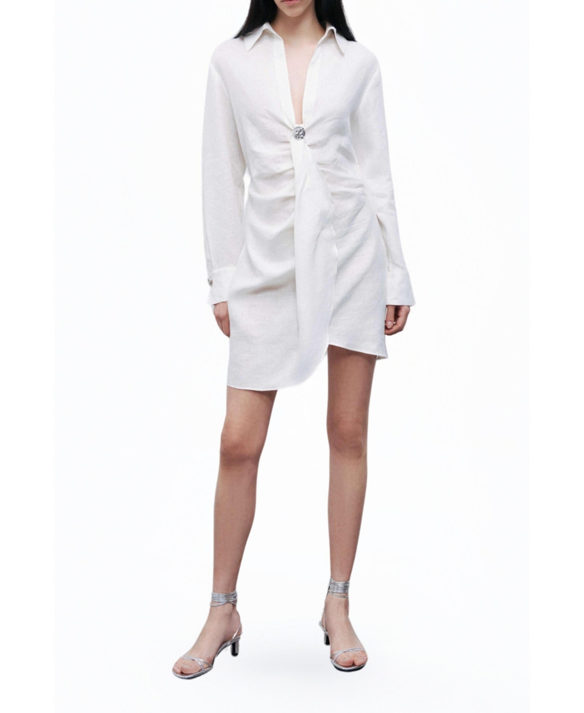 Women's Linen Mini Dress with Accessory Detail - Open white