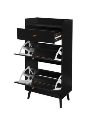 Freestanding Modern Shoe Storage Cabinet 3 Metal Rattan Door Shoe Rack Shoe Cabinet with 3 Flip Drawers for Entryway Living Room, Black