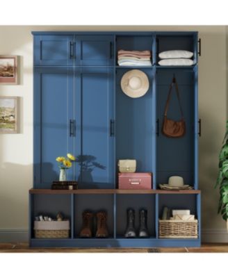 Farmhouse Hall Tree Bench with Hidden Hooks & Shoe Cabinet