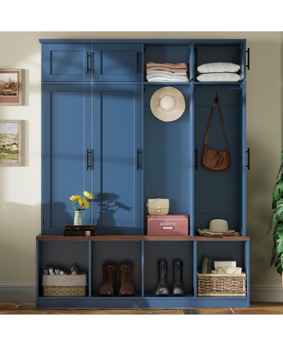 Streamdale Furniture Farmhouse Hall Tree Bench with Hidden Hooks & Shoe Cabinet