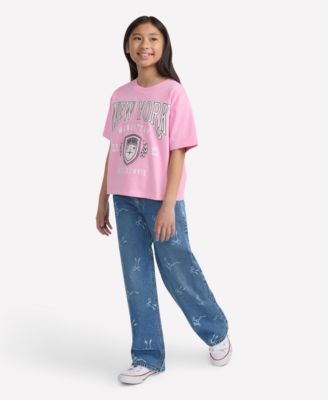 Girls' High Waist Wide Leg Bow Print Jeans