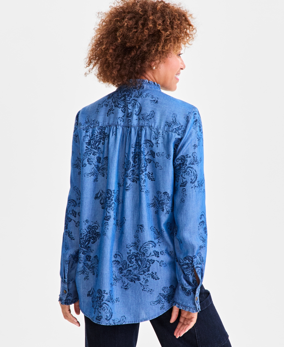 Style & Co Petite Paisley Print Chambray Shirt, Macy's Exclusive In Black