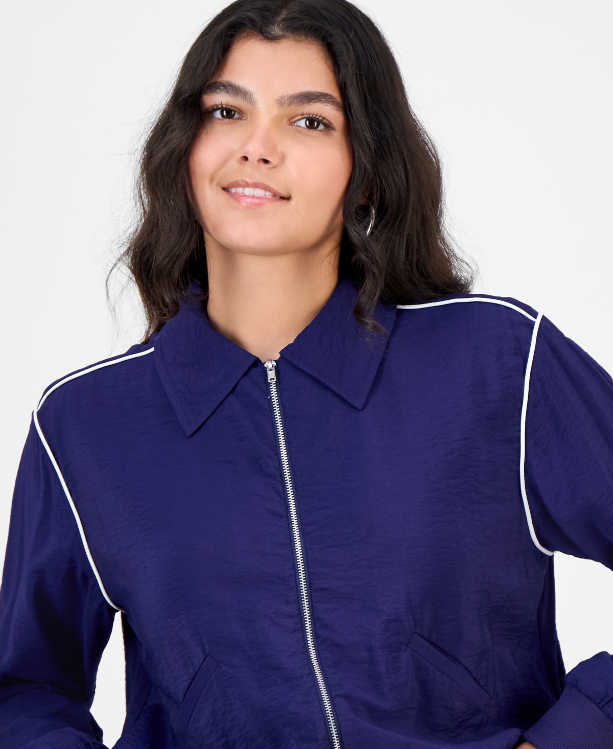 Bar Iii Women's Piping Trim Windbreaker Jacket, Macy's Exclusive In Blue