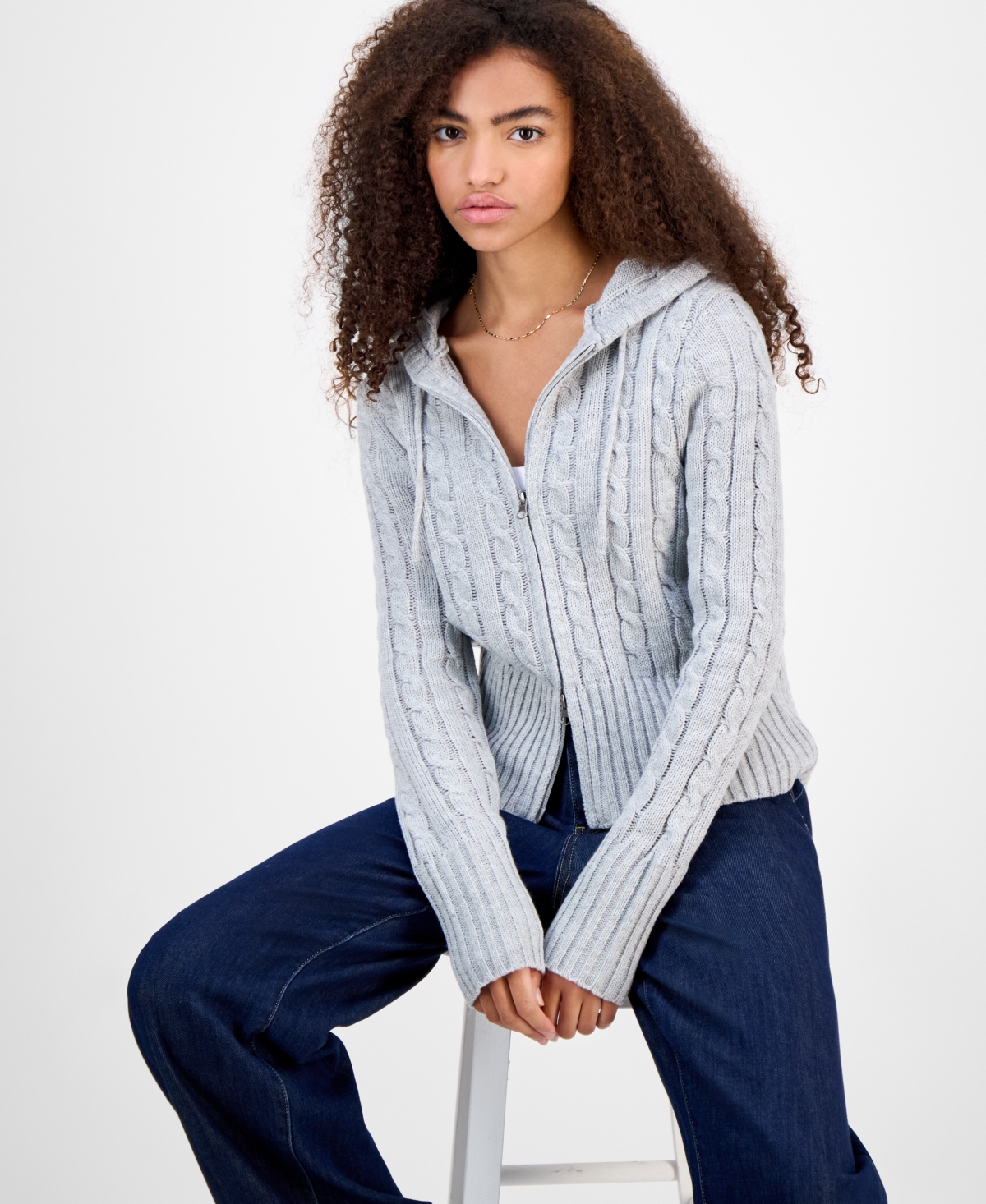 Hooked Up by Iot Juniors' Cable-Knit Zippered Hoodie