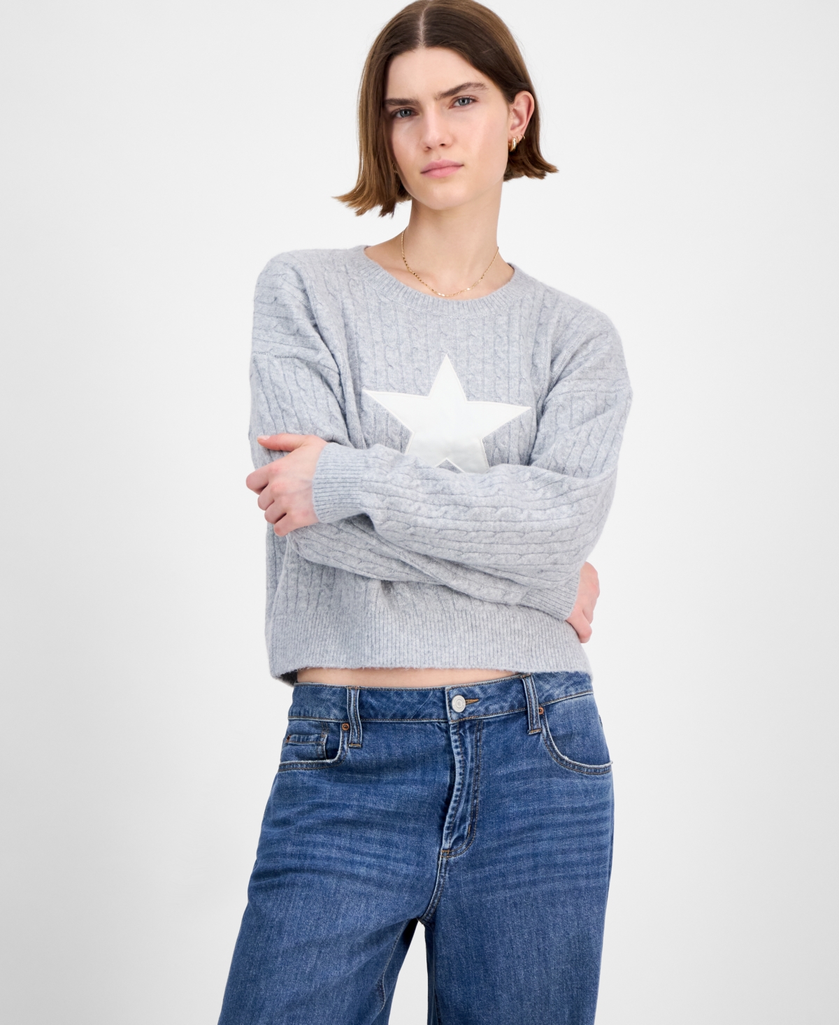 Juniors' Cable-Knit Varsity Sweater - Navy