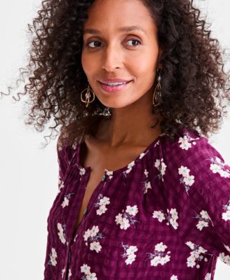 Women's Printed Seersucker Split Neck Top, Macy's Exclusive