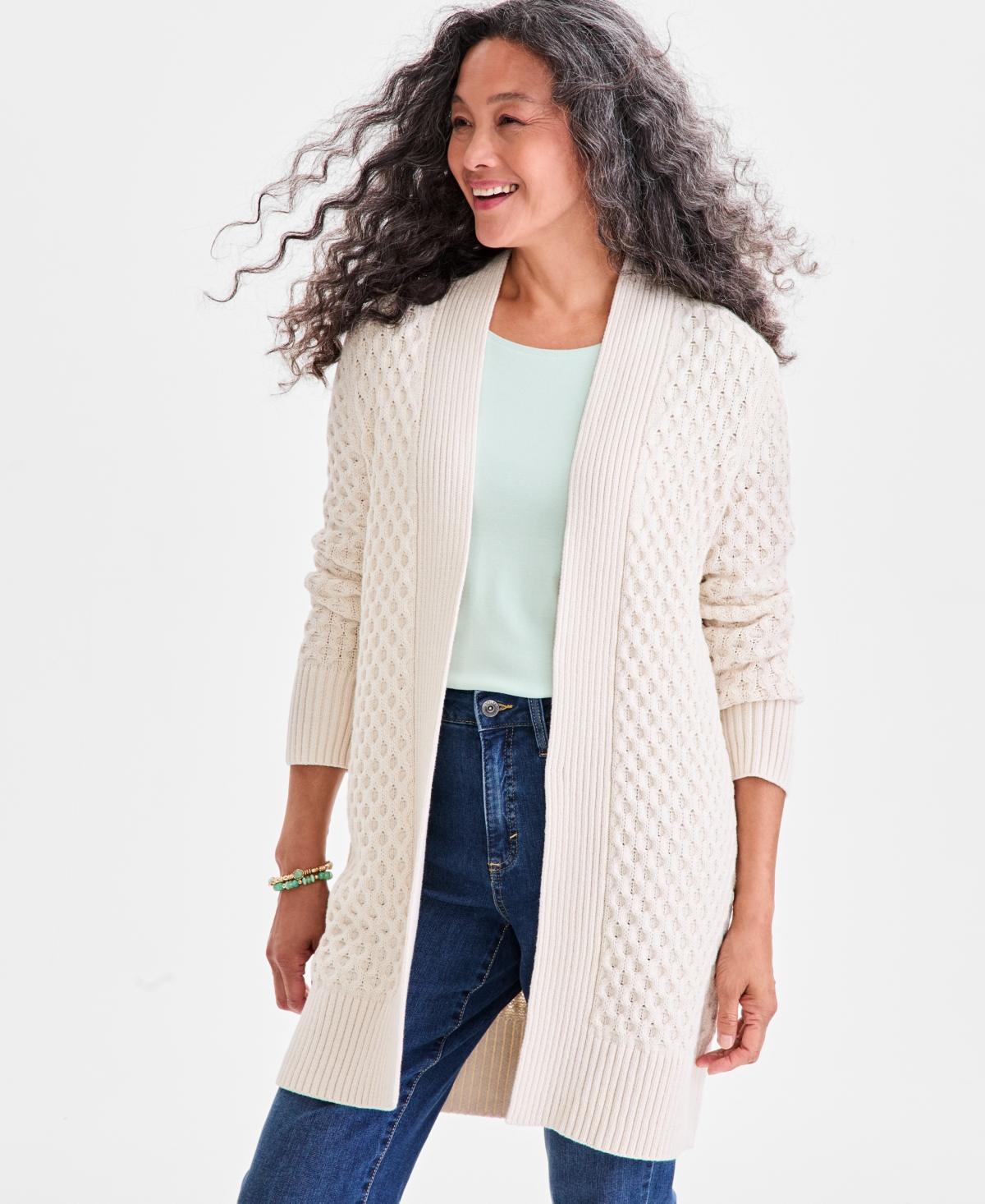 Style & Co Petite Honeycomb-knit Open-front Long Cardigan, Macy's Exclusive In White