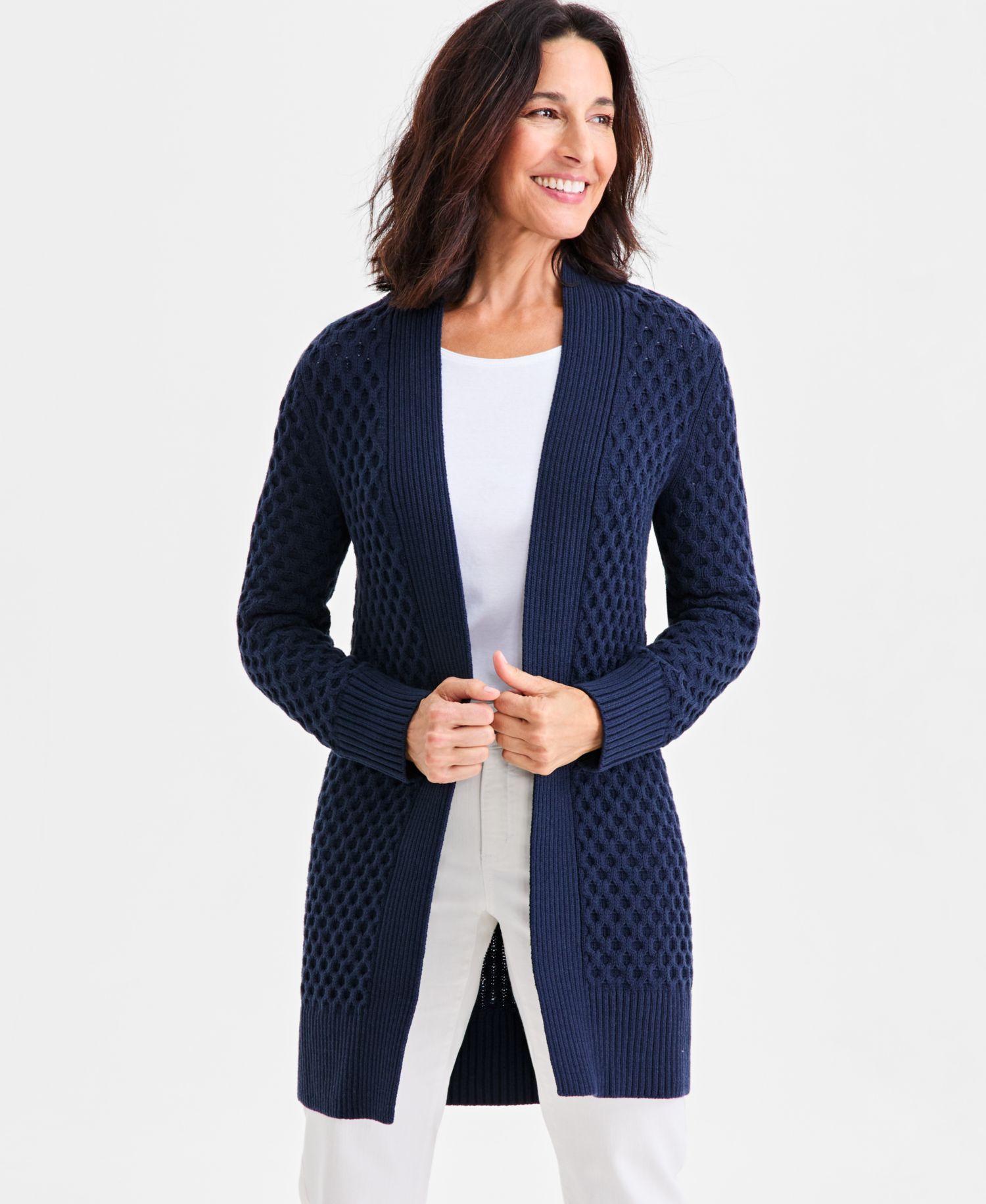 Petite Honeycomb-Knit Open-Front Long Cardigan