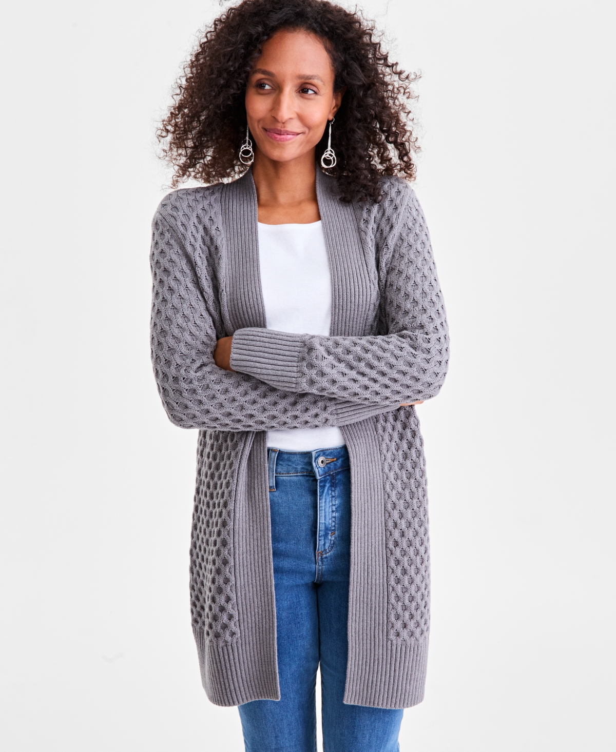 Style & Co Petite Honeycomb-knit Open-front Long Cardigan, Macy's Exclusive In Gray