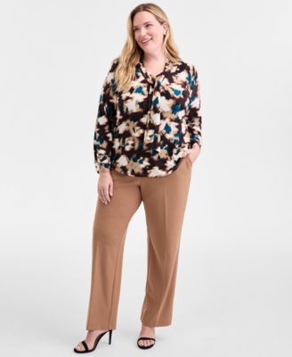 Plus Size Printed Tie-Neck Long-Sleeve Blouse 