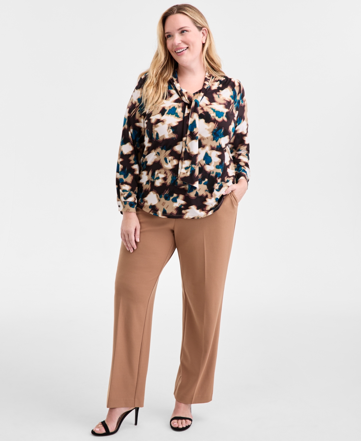 Anne Klein Plus Size Printed Tie-neck Long-sleeve Blouse In Multi