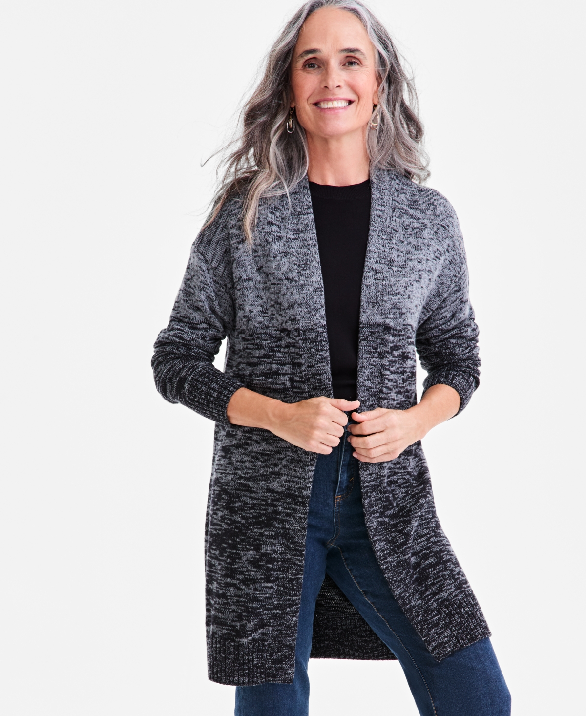 Style & Co Petite Honeycomb-knit Open-front Long Cardigan, Macy's Exclusive In Black