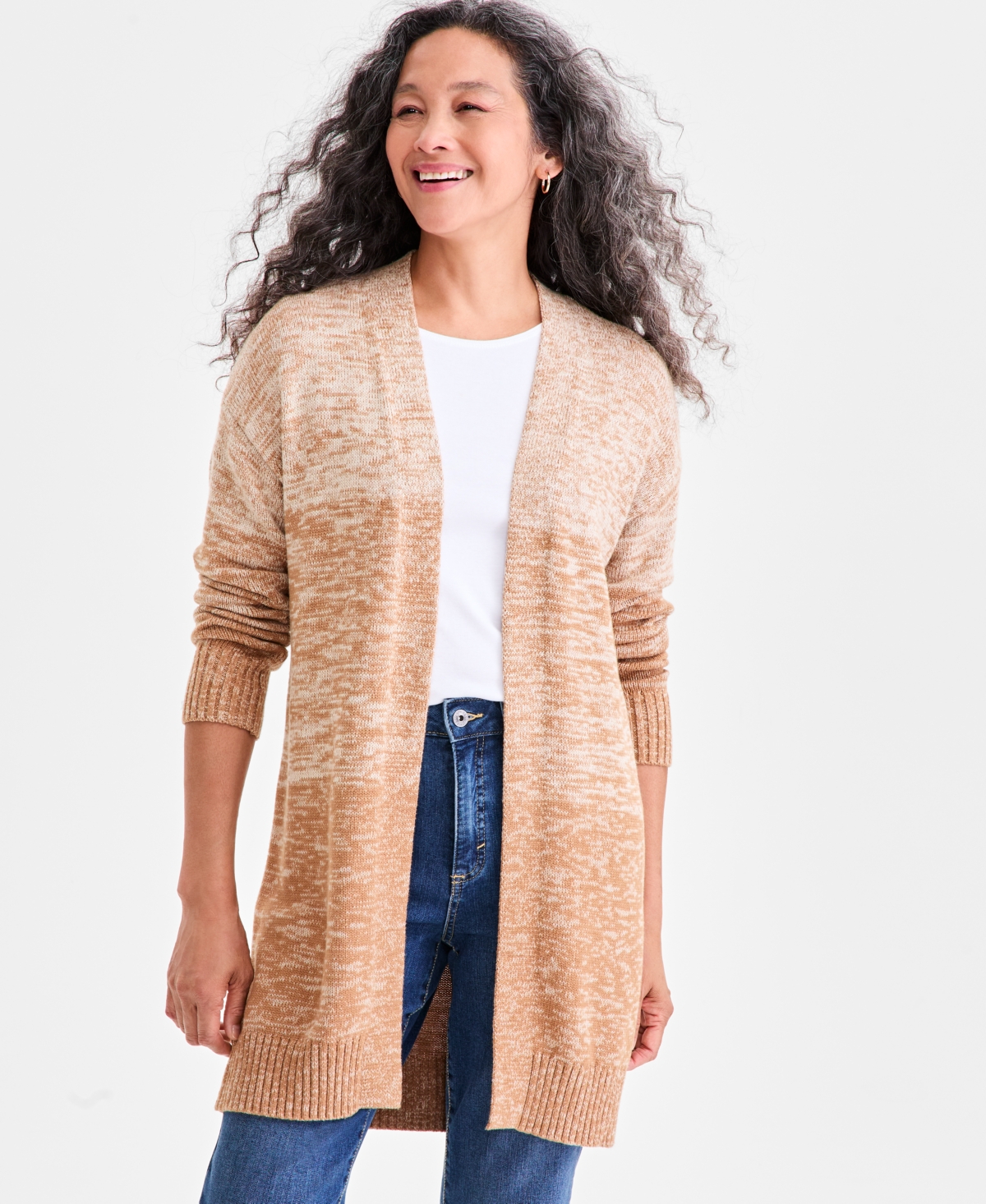Style & Co Petite Honeycomb-knit Open-front Long Cardigan, Macy's Exclusive In Neutral