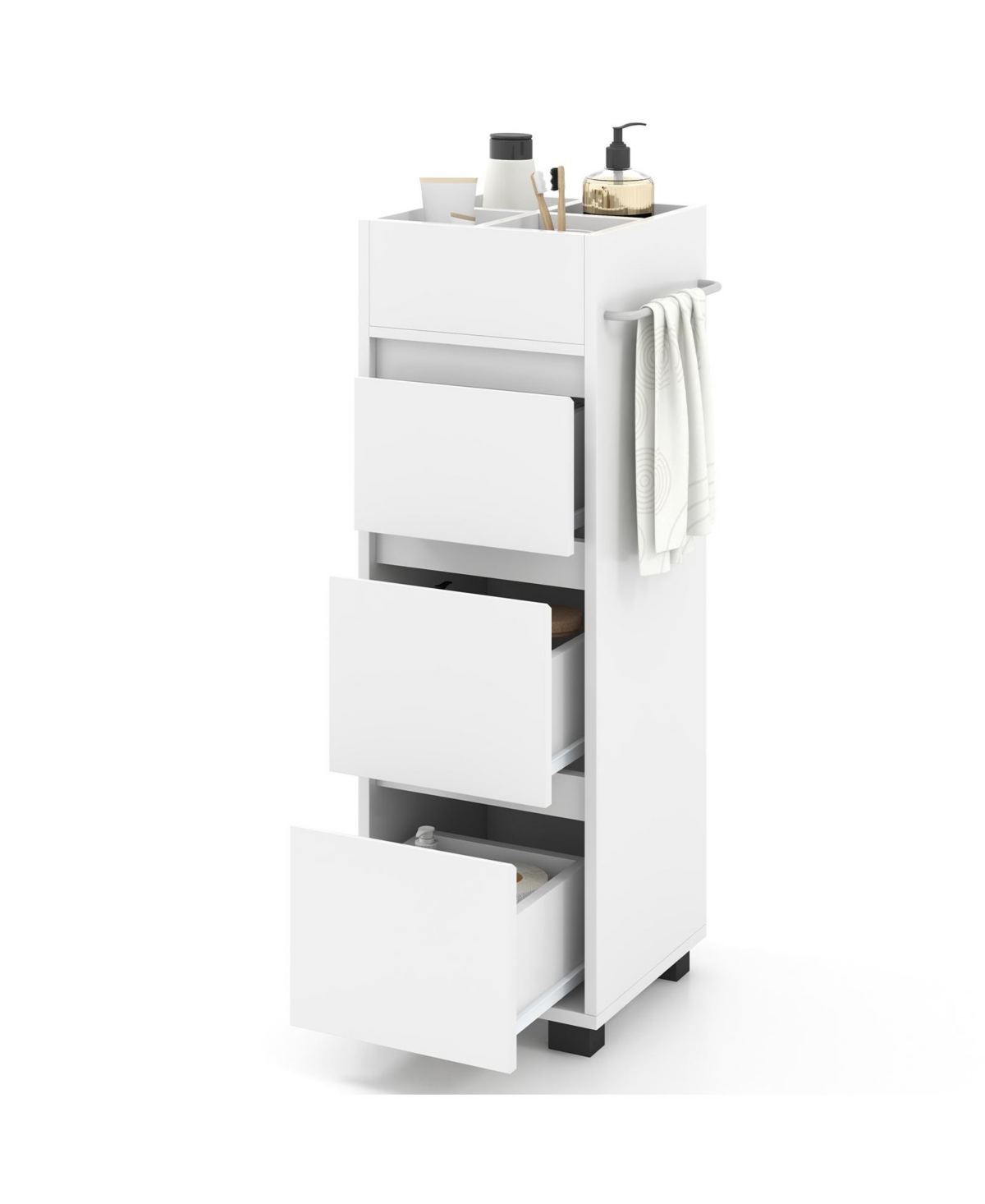 Bathroom Floor Cabinet with 3 Drawers, 4 Top Dividers and 1 Towel Rack - White