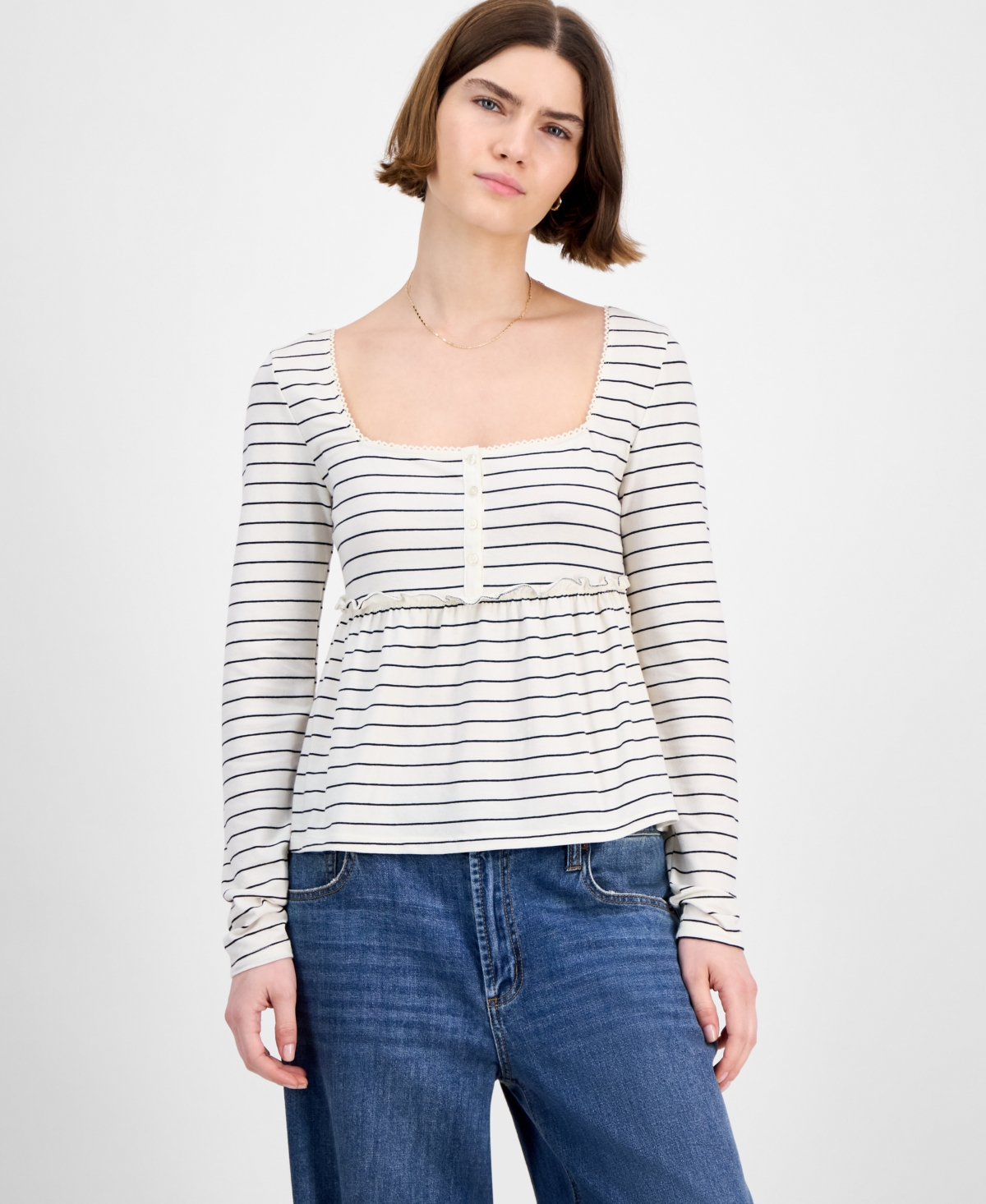Hippie Rose Juniors' Long Sleeve Knit Babydoll Top In Black
