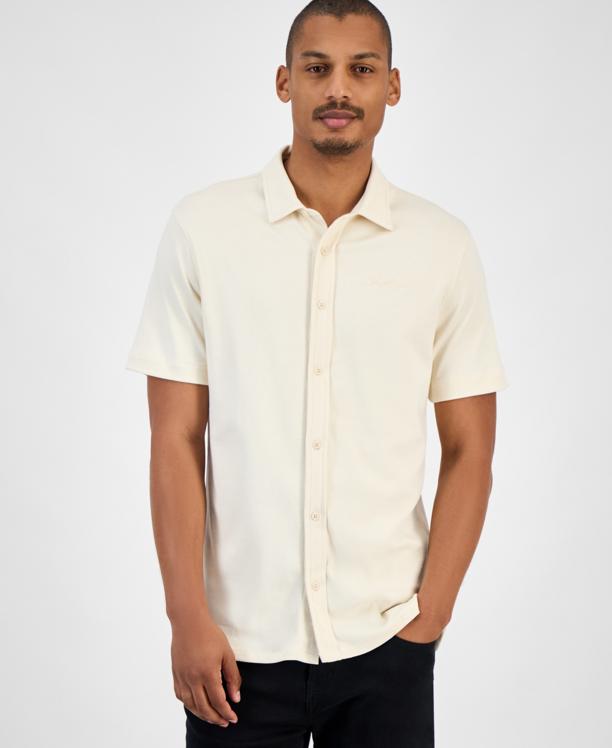 Men's Short Sleeve Collared Knit Button Front T-Shirt - Black
