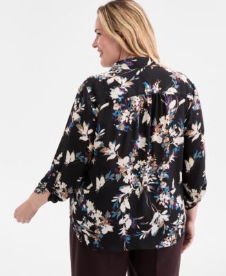 Plus Size Collared V-Neck Roll-Tab-Sleeves