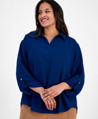 AK Anne Klein - Plus Size Collared V-Neck Roll-Tab-Sleeves
