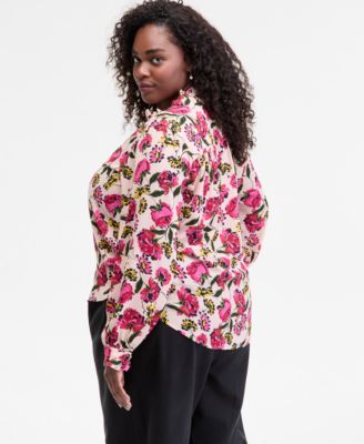Trendy Plus Size Floral Ruffle-Trim Split-Neck Blouse, Macy's Exclusive