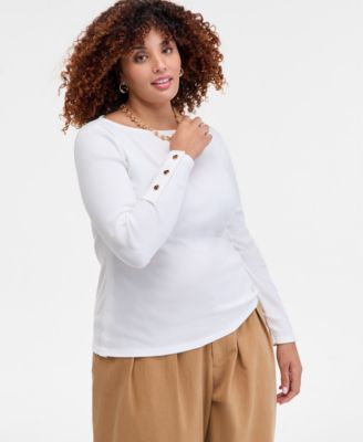 On 34th - Trendy Plus Size Button-Cuff Boatneck Top