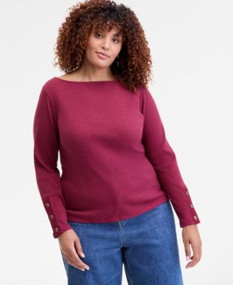 On 34th - Trendy Plus Size Button-Cuff Boatneck Top