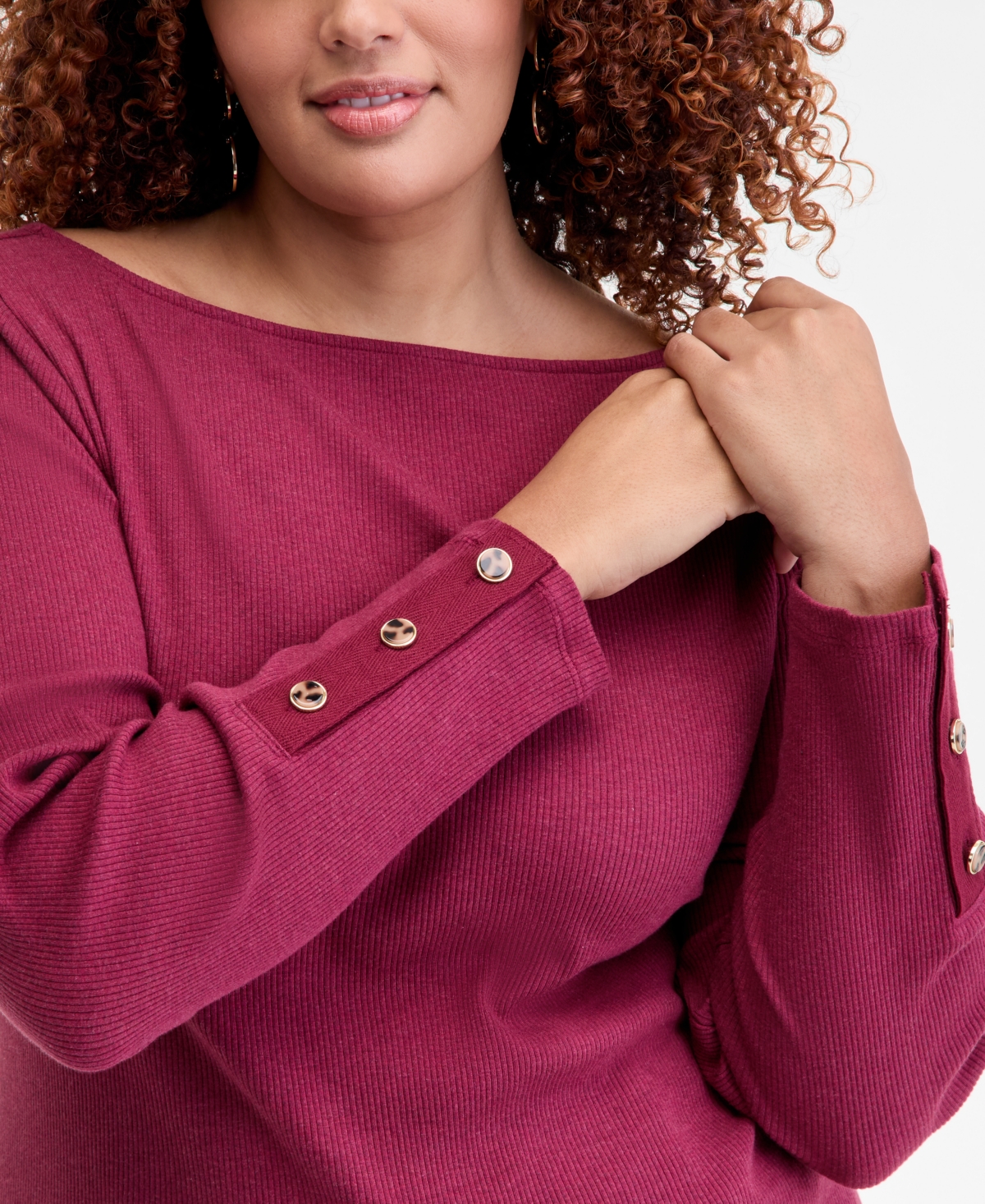 On 34th Trendy Plus Size Button-cuff Boatneck Top, Macy's Exclusive In Burgundy