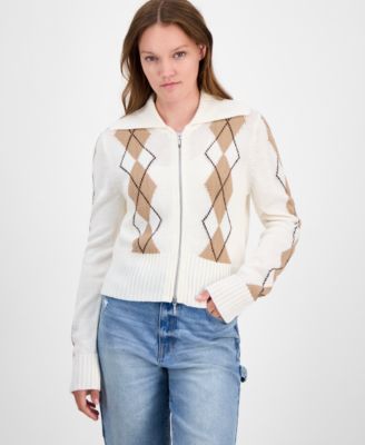 Juniors' Argyle Zip-Front Cardigan Sweater