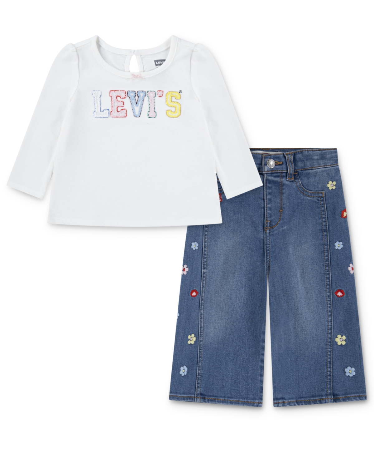 Levi's Baby Girls Crochet Logo Top And Wide-leg Jeans, 2 Piece Set In Multi