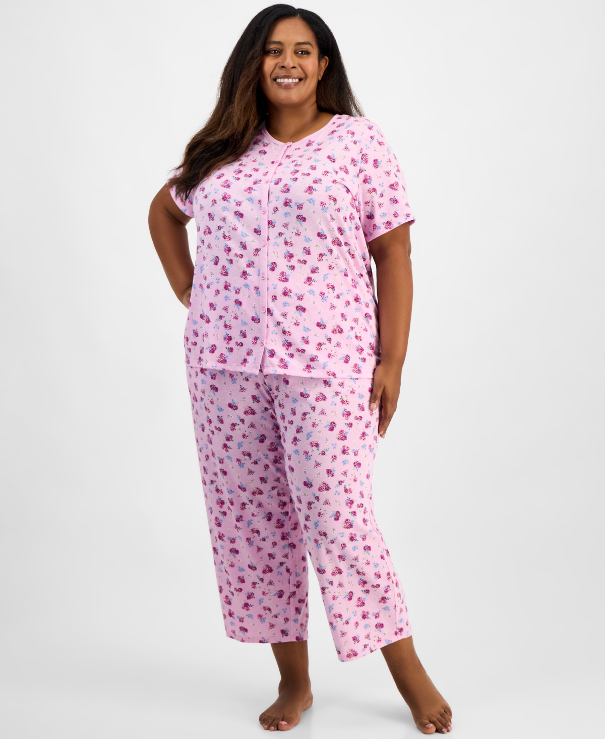 Charter Club Plus Cotton Essential Button-Down Pajama Set, Created for Macy's