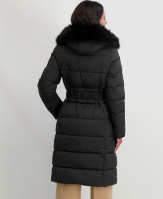 Women's Faux-Fur-Trim Hooded Belted Puffer Coat