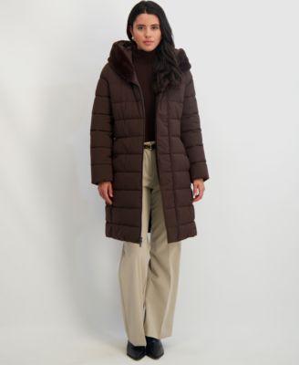 Women's Faux-Fur-Trim Hooded Belted Puffer Coat