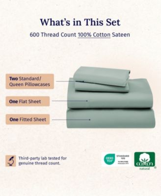 600-Thread Count 100% Cotton Sateen Soft & Crisp 4-Pc. Sheet Set, Queen