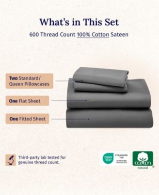 600-Thread Count 100% Cotton Sateen Soft & Crisp 4-Pc. Sheet Set, Queen