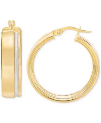 Polished Striped Small Hoop Earrings in 14k Two-Tone Gold, 0.75"