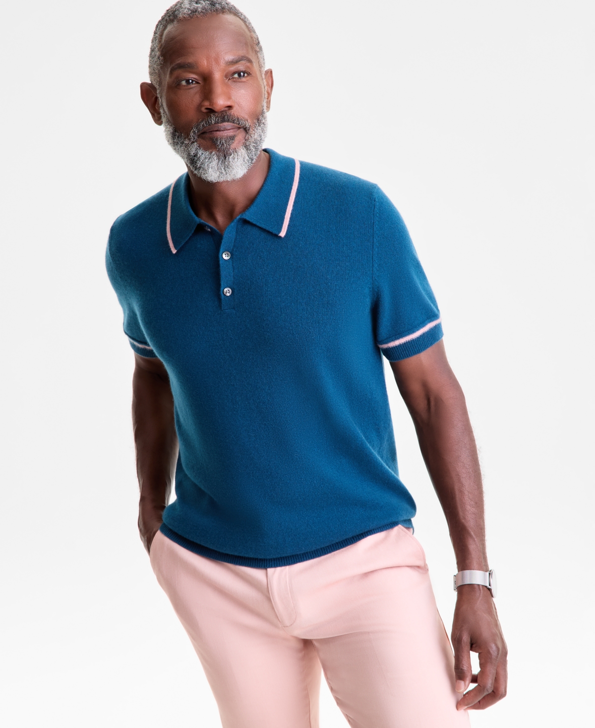 Club Room Men's Regular-fit Tipped 100% Cashmere Sweater Polo Shirt, Macy's Exclusive In Blue